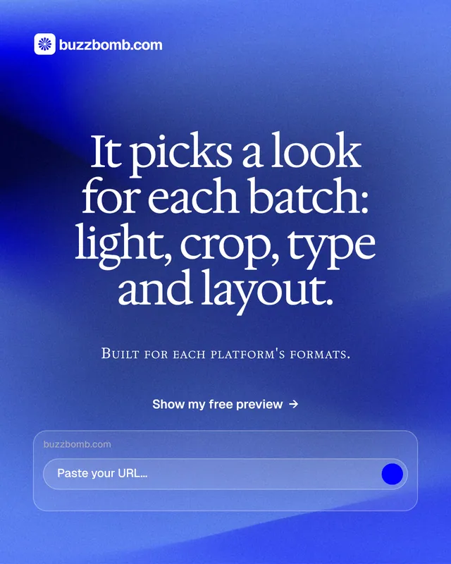 Instagram portrait post for BuzzBomb: "It picks a look for each batch: light, crop, type and layout." Swiss style, smallcaps layout, dark palette in blue.