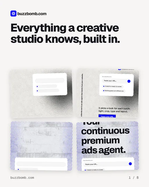 Carousel for BuzzBomb: "Everything a creative studio knows, built in.". Collection carousel, 8 slides, light palette.