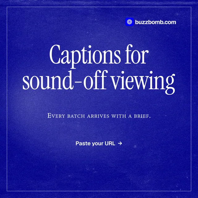 Instagram post for BuzzBomb: "Captions for sound-off viewing". Editorial style, smallcaps layout, dark palette in blue.
