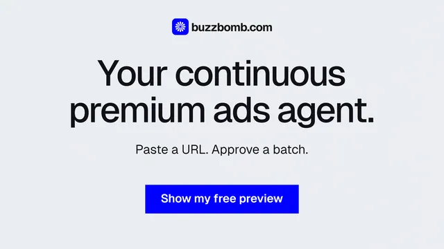 Landscape graphic for BuzzBomb: "Your continuous premium ads agent." Swiss style, centred layout, light palette in white, blue.