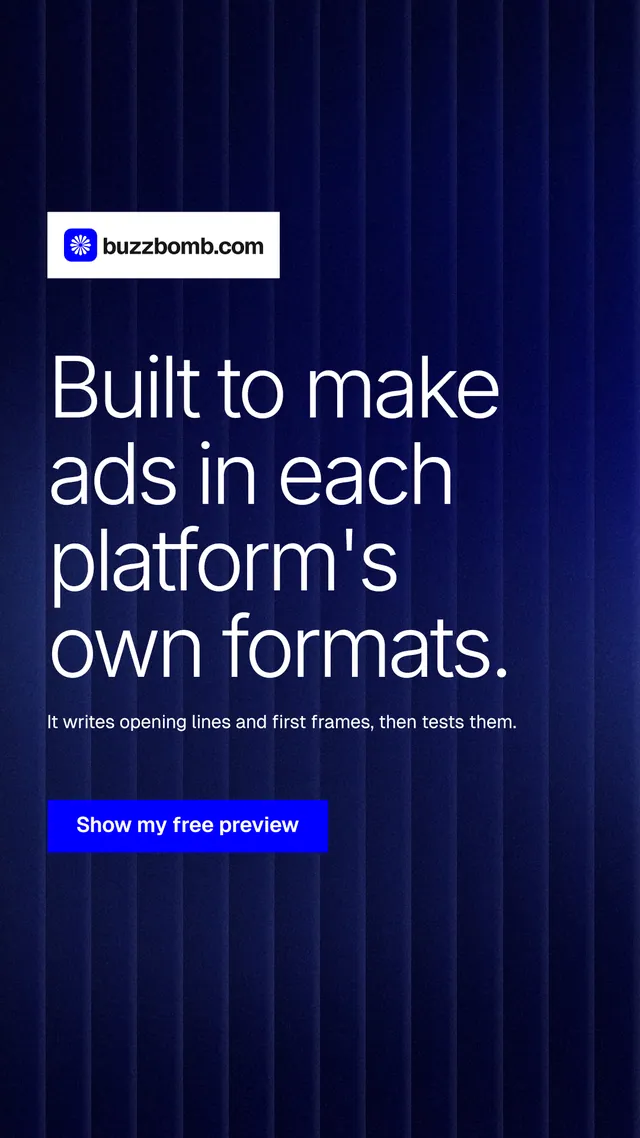 Instagram story for BuzzBomb: "Built to make ads in each platform's own formats." Swiss style, announce layout, dark palette in black, blue, grey.