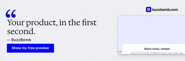 X header for BuzzBomb: "Your product, in the first second." Data card style, quote layout, light palette in white, blue.