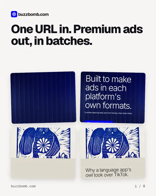 Carousel for BuzzBomb: "One URL in. Premium ads out, in batches.". Collection carousel, 8 slides, light palette.
