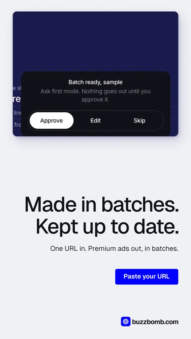 Instagram story for BuzzBomb: "Made in batches. Kept up to date." Data card style, right layout, light palette in white, blue, grey.