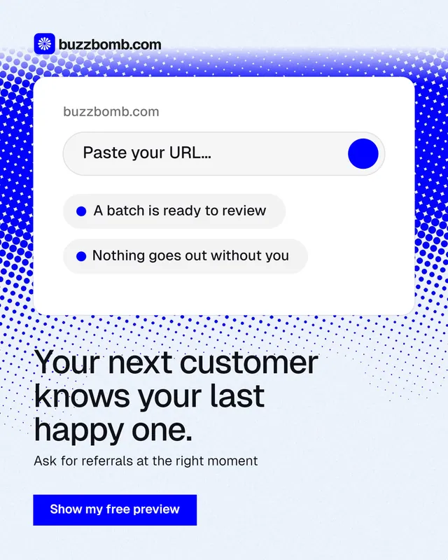 Instagram portrait post for BuzzBomb: "Your next customer knows your last happy one." Swiss style, bottom layout, light palette in white, blue.