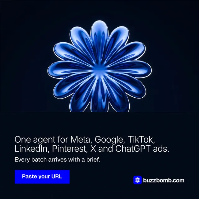 Instagram post for BuzzBomb: "One agent for Meta, Google, TikTok, LinkedIn, Pinterest, X and ChatGPT ads." Swiss style, bottom layout, dark palette in black, blue.