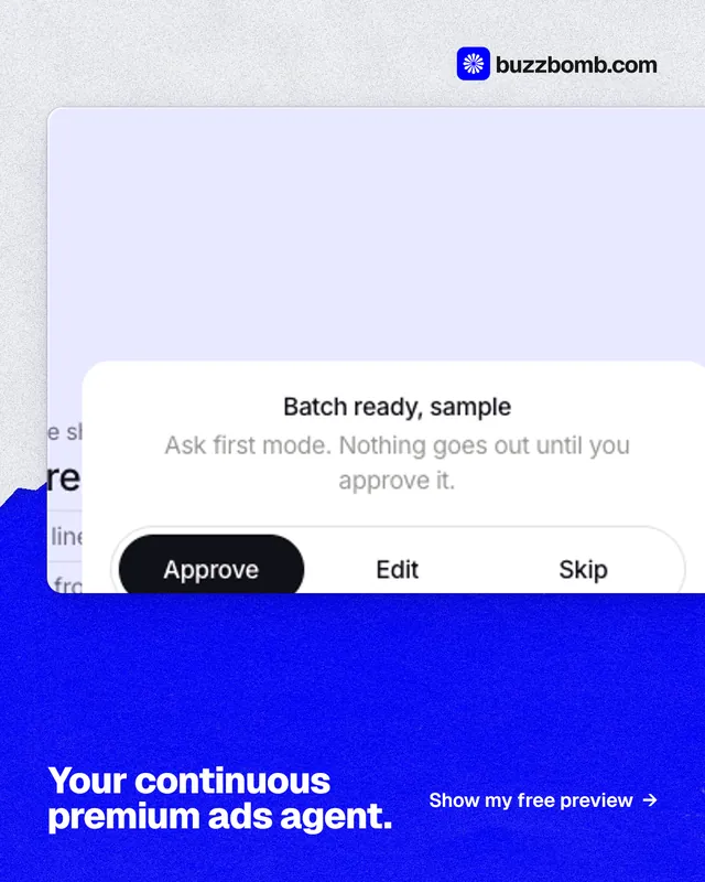 Instagram portrait post for BuzzBomb: "Your continuous premium ads agent." Paper trio style, image led layout, light palette in blue, white.