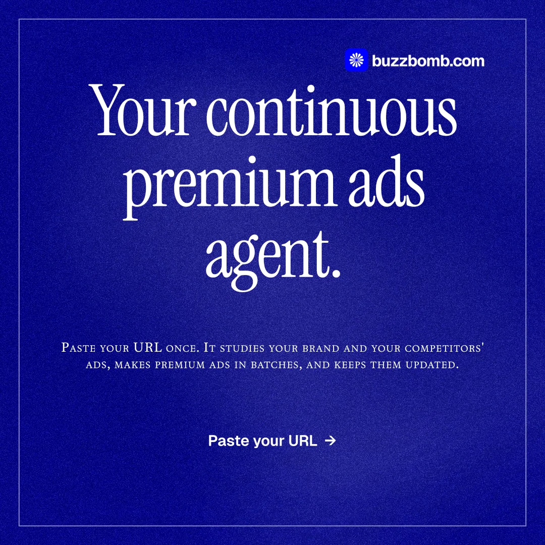 Instagram post for BuzzBomb: "Your continuous premium ads agent." Editorial style, smallcaps layout, dark palette in blue.