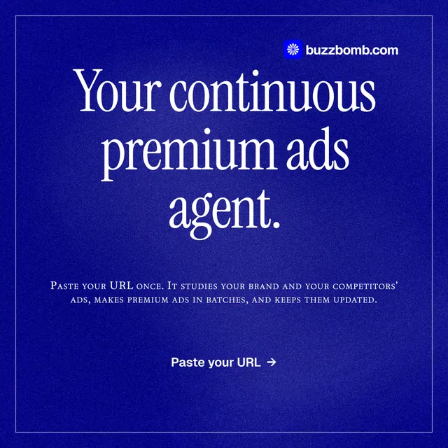 Instagram post for BuzzBomb: "Your continuous premium ads agent." Editorial style, smallcaps layout, dark palette in blue.
