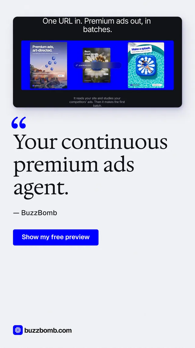 Instagram story for BuzzBomb: "Your continuous premium ads agent." Data card style, quote layout, light palette in white, blue.