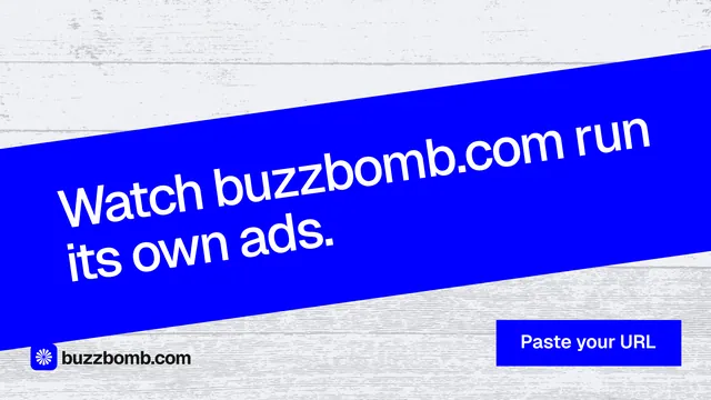 Landscape graphic for BuzzBomb: "Watch buzzbomb.com run its own ads." Swiss style, diagonal layout, light palette in blue, white.