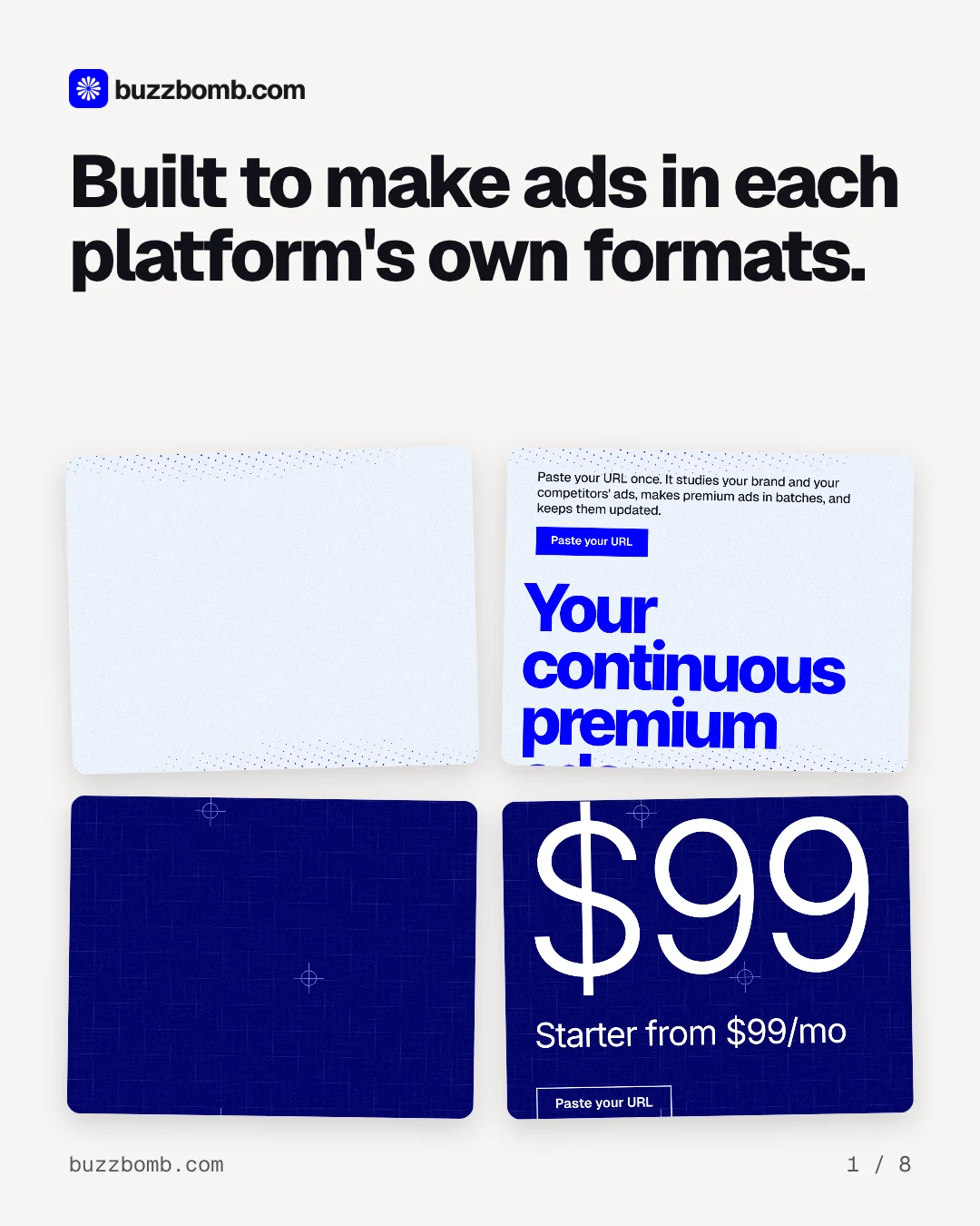 Carousel for BuzzBomb: "Built to make ads in each platform's own formats.". Collection carousel, 8 slides, light palette.