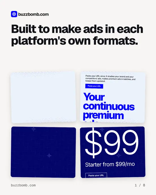 Carousel for BuzzBomb: "Built to make ads in each platform's own formats.". Collection carousel, 8 slides, light palette.