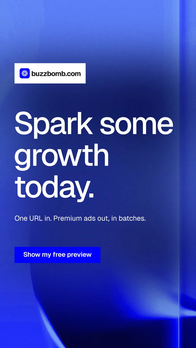 Instagram story for BuzzBomb: "Spark some growth today." Swiss style, announce layout, dark palette in blue.