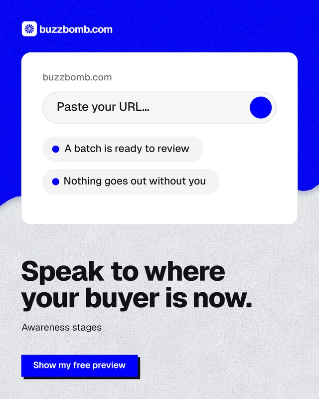 Instagram portrait post for BuzzBomb: "Speak to where your buyer is now." Paper trio style, bottom layout, light palette in white, blue.