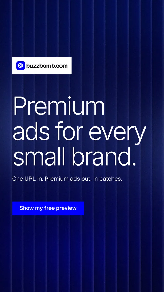 Instagram story for BuzzBomb: "Premium ads for every small brand." Swiss style, announce layout, dark palette in blue.