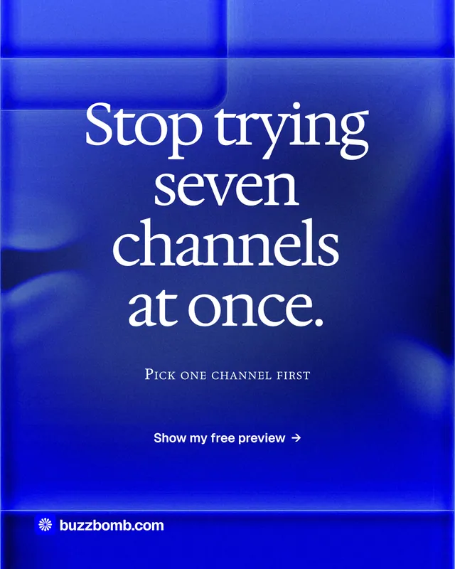 Instagram portrait post for BuzzBomb: "Stop trying seven channels at once." Swiss style, smallcaps layout, dark palette in blue.