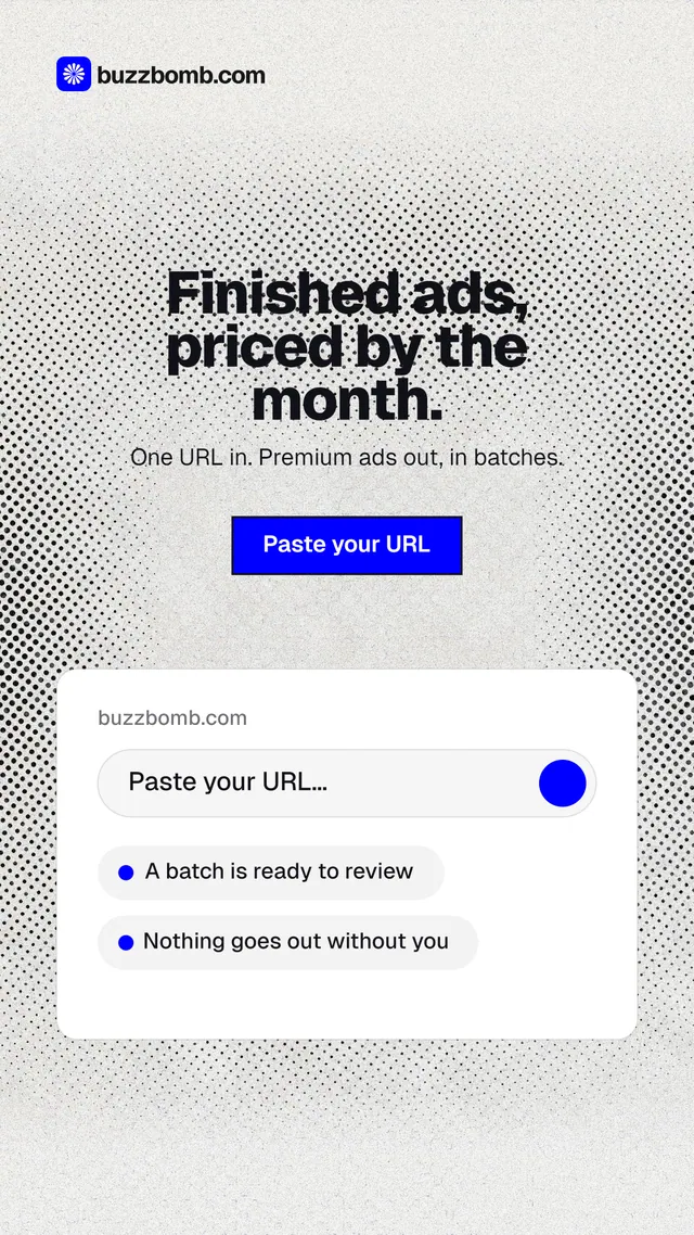 Instagram story for BuzzBomb: "Finished ads, priced by the month." Ink sticker style, centred layout, light palette in white, grey.