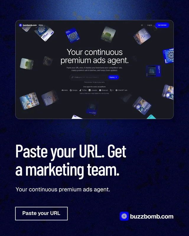 Instagram portrait post for BuzzBomb: "Paste your URL. Get a marketing team." Dark deco style, bottom layout, dark palette in blue, black.
