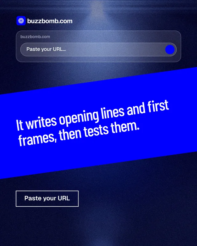 Instagram portrait post for BuzzBomb: "It writes opening lines and first frames, then tests them." Dark deco style, diagonal layout, dark palette in blue.