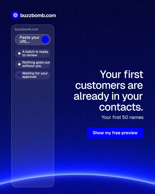 Instagram portrait post for BuzzBomb: "Your first customers are already in your contacts." Swiss style, right layout, dark palette in blue.