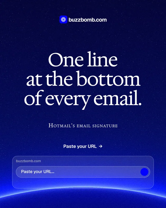 Instagram portrait post for BuzzBomb: "One line at the bottom of every email." Swiss style, smallcaps layout, dark palette in blue.