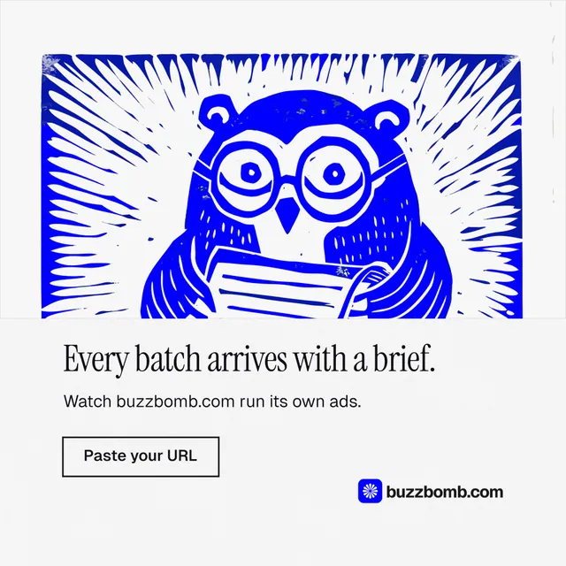 Instagram post for BuzzBomb: "Every batch arrives with a brief." Editorial style, bottom layout, light palette in white, blue.