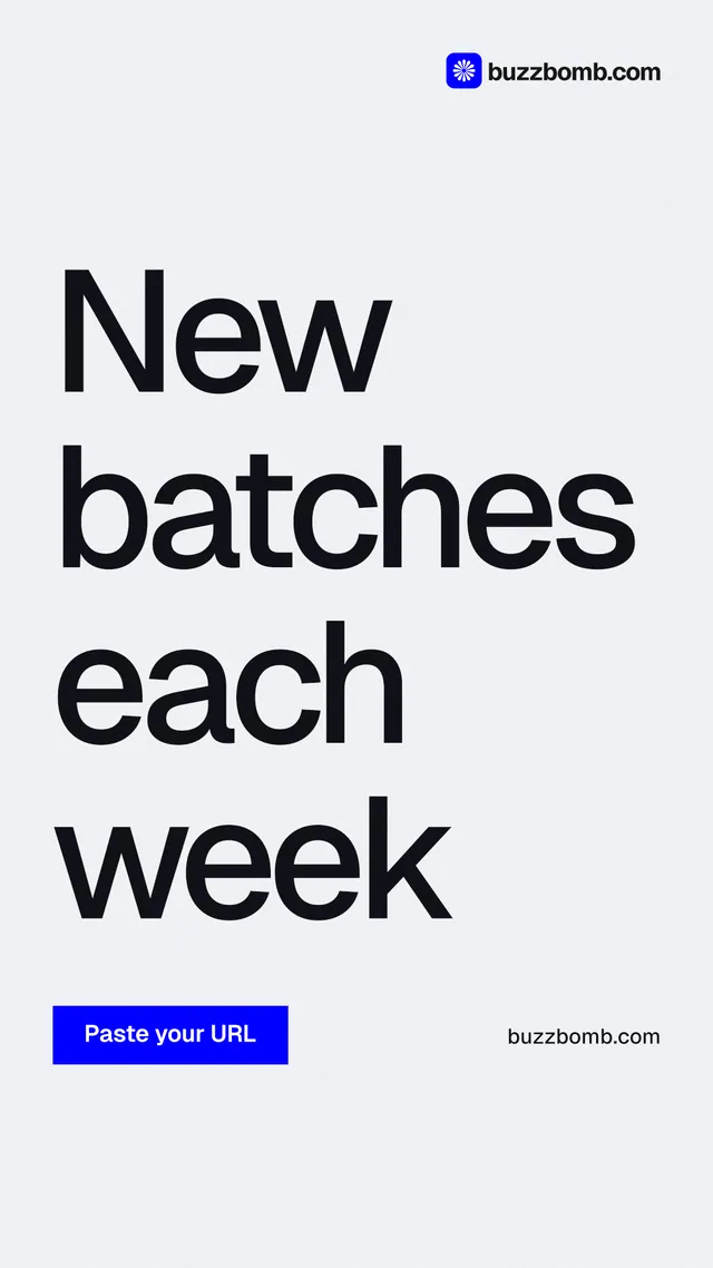 Instagram story for BuzzBomb: "New batches each week". Swiss style, poster layout, light palette in white, grey.
