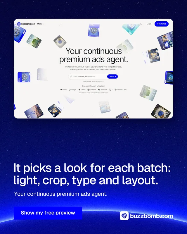 Instagram portrait post for BuzzBomb: "It picks a look for each batch: light, crop, type and layout." Swiss style, bottom layout, dark palette in white, blue.