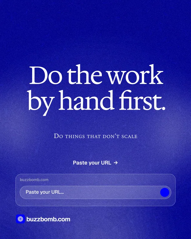 Instagram portrait post for BuzzBomb: "Do the work by hand first." Cyanotype style, smallcaps layout, dark palette in blue.