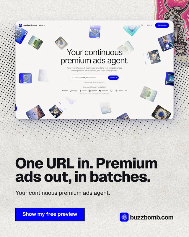 Instagram portrait post for BuzzBomb: "One URL in. Premium ads out, in batches." Ink sticker style, bottom layout, light palette in white, grey.