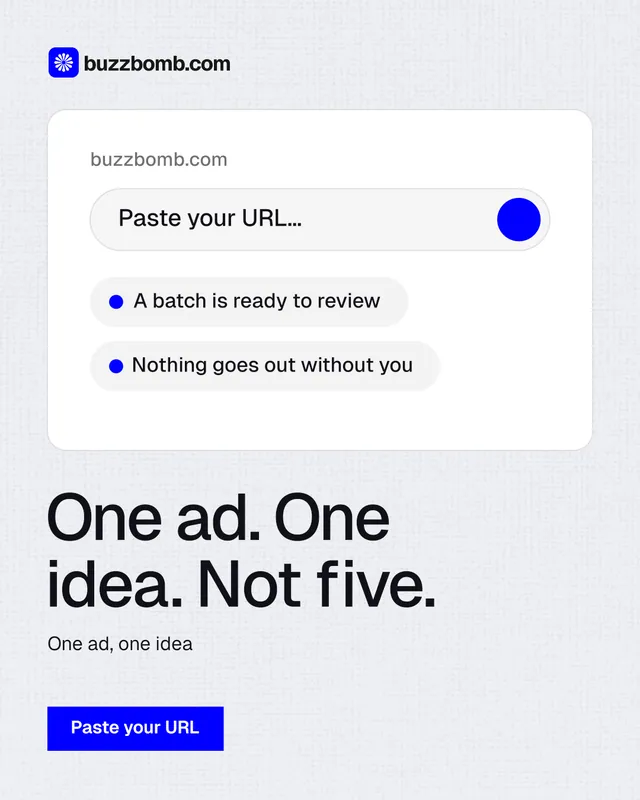 Instagram portrait post for BuzzBomb: "One ad. One idea. Not five." Swiss style, bottom layout, light palette in white, blue.