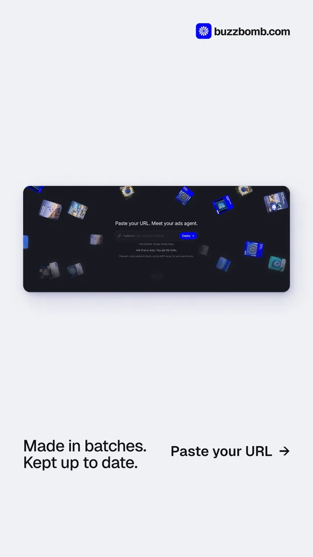 Instagram story for BuzzBomb: "Made in batches. Kept up to date." Swiss style, image led layout, light palette in white, grey.