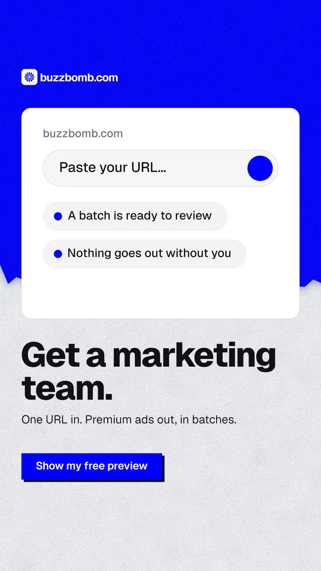 Instagram story for BuzzBomb: "Get a marketing team." Paper trio style, bottom layout, light palette in white, blue.