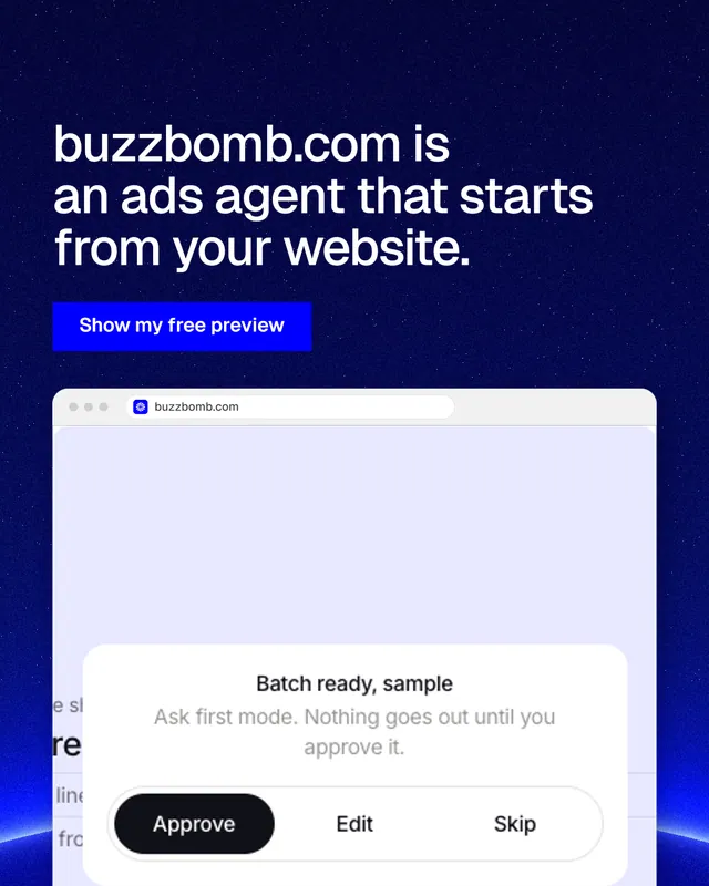 Instagram portrait post for BuzzBomb: "buzzbomb.com is an ads agent that starts from your website." Swiss style, browser layout, light palette in blue, white.