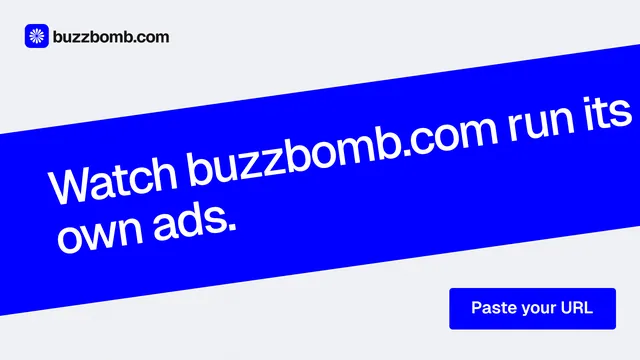 Landscape graphic for BuzzBomb: "Watch buzzbomb.com run its own ads." Data card style, diagonal layout, light palette in blue, white.