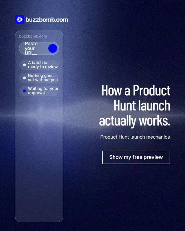 Instagram portrait post for BuzzBomb: "How a Product Hunt launch actually works." Dark deco style, right layout, dark palette in black, blue.