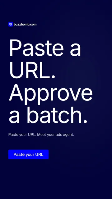 Video for BuzzBomb: "Paste a URL. Approve a batch.". Doc motion loop, 6.0 s, dark palette.