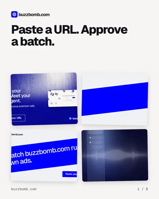Carousel for BuzzBomb: "Paste a URL. Approve a batch.". Collection carousel, 8 slides, light palette.