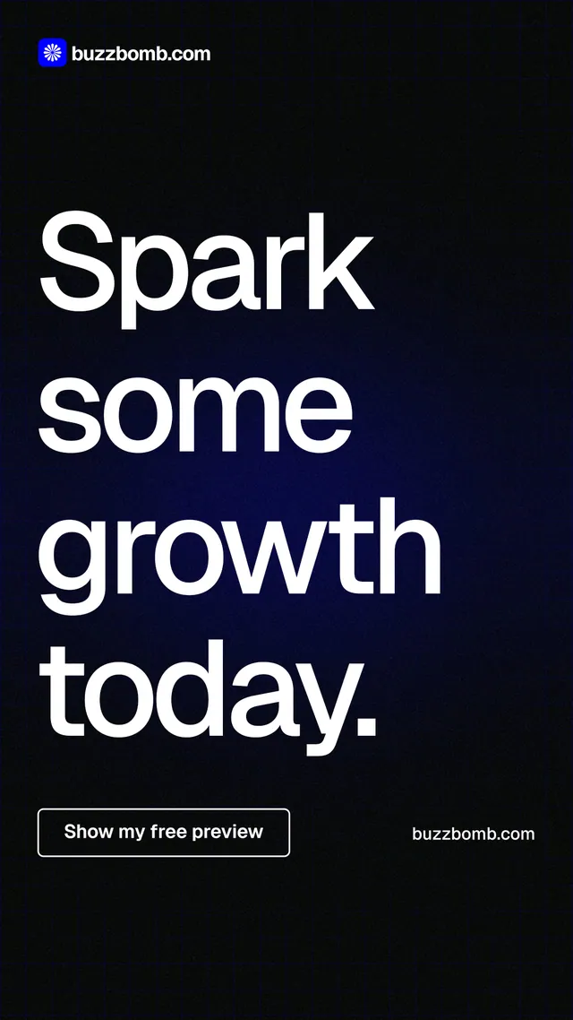 Instagram story for BuzzBomb: "Spark some growth today." Phosphor atlas style, poster layout, dark palette in black, grey.