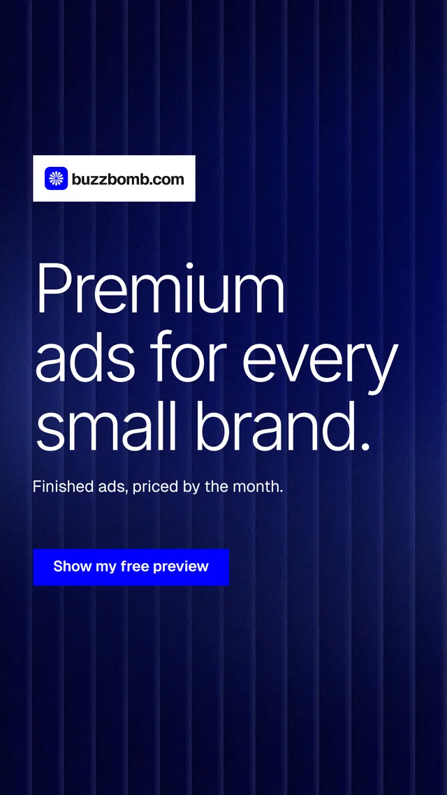 Instagram story for BuzzBomb: "Premium ads for every small brand." Swiss style, announce layout, dark palette in black, blue.