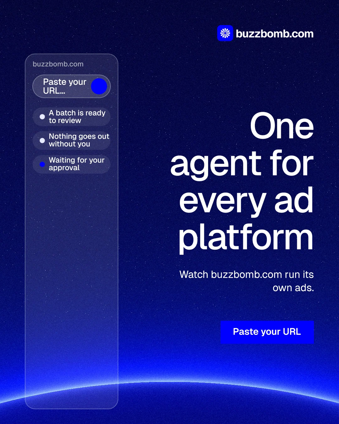 Instagram portrait post for BuzzBomb: "One agent for every ad platform". Swiss style, right layout, dark palette in blue.