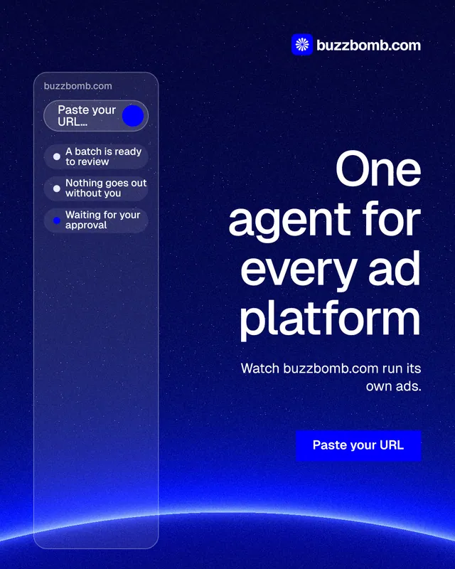 Instagram portrait post for BuzzBomb: "One agent for every ad platform". Swiss style, right layout, dark palette in blue.
