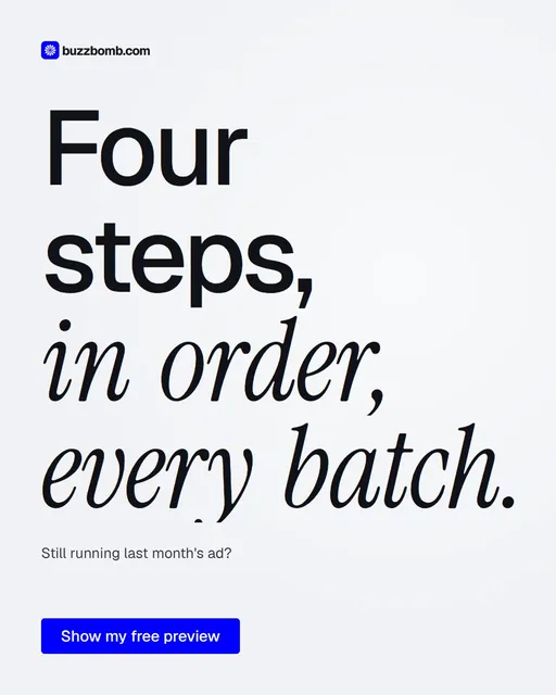Video for BuzzBomb: "Four steps, in order, every batch.". Doc motion loop, 7.0 s, light palette.