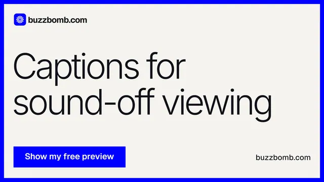 Landscape graphic for BuzzBomb: "Captions for sound-off viewing". Swiss style, poster layout, light palette in white, blue.