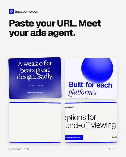 Carousel for BuzzBomb: "Paste your URL. Meet your ads agent.". Collection carousel, 8 slides, light palette.