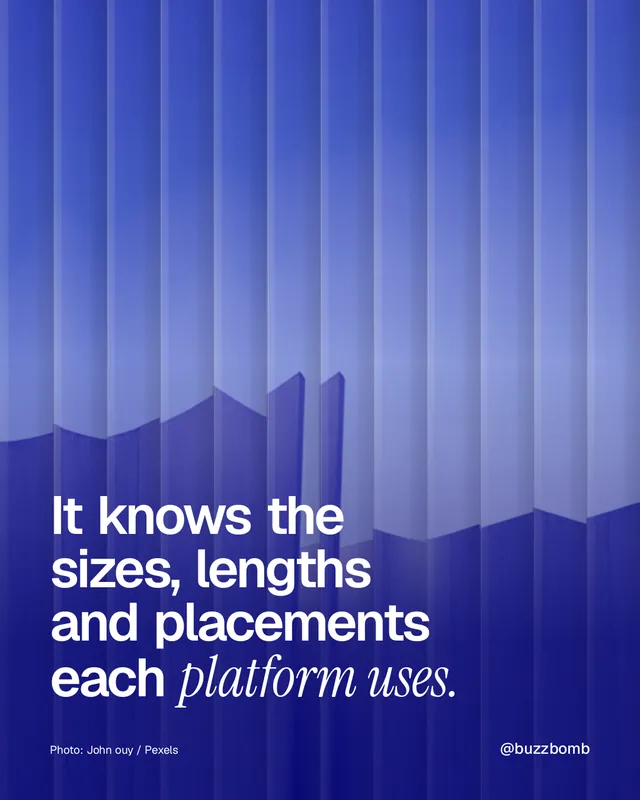 Instagram portrait post for BuzzBomb: "It knows the sizes, lengths and placements each platform uses." Photo style, technique:fluted glass layout, dark palette in blue.