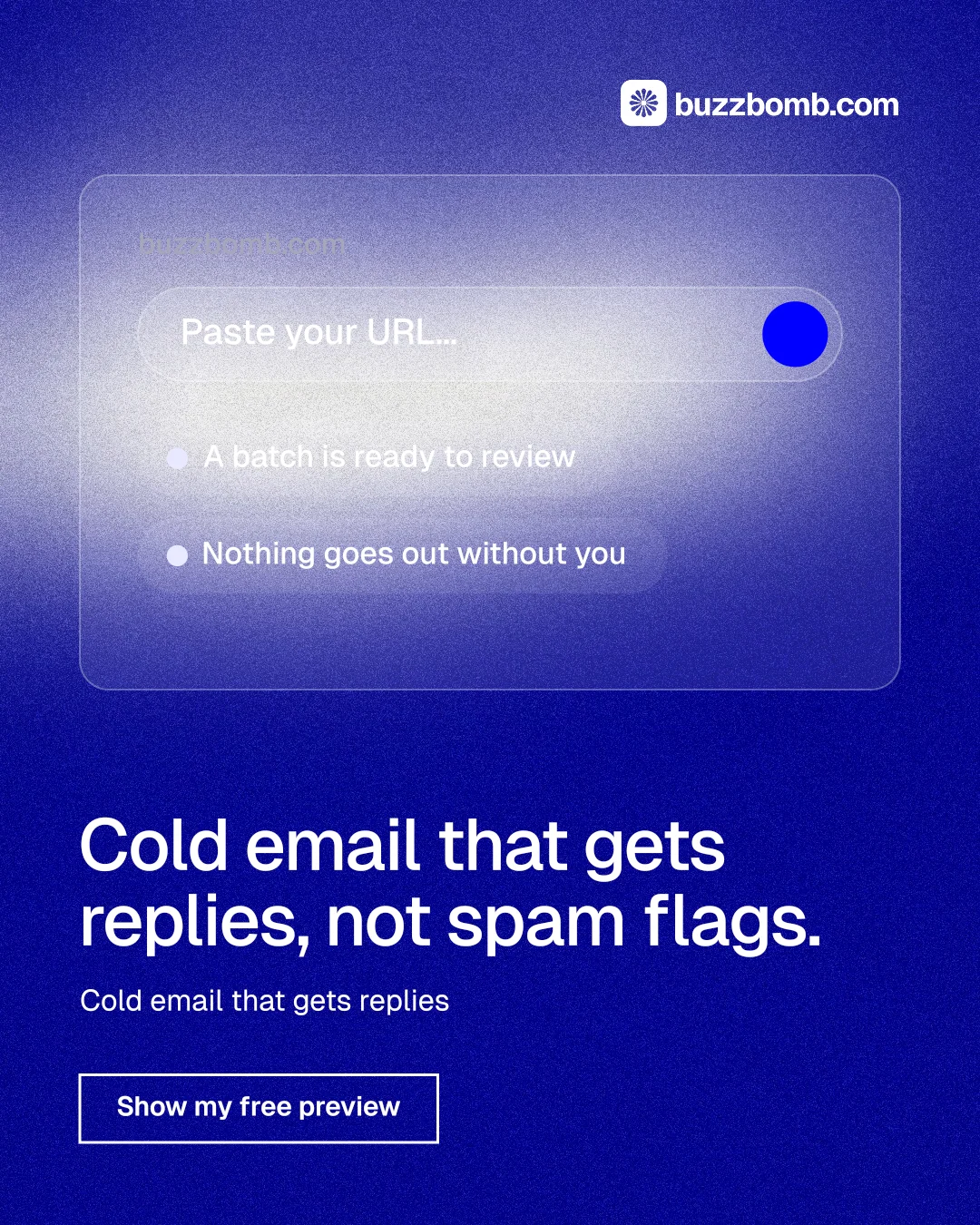 Instagram portrait post for BuzzBomb: "Cold email that gets replies, not spam flags." Cyanotype style, bottom layout, dark palette in blue.