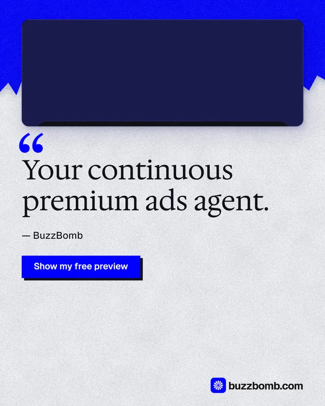 Instagram portrait post for BuzzBomb: "Your continuous premium ads agent." Paper trio style, quote layout, light palette in white, blue, grey.