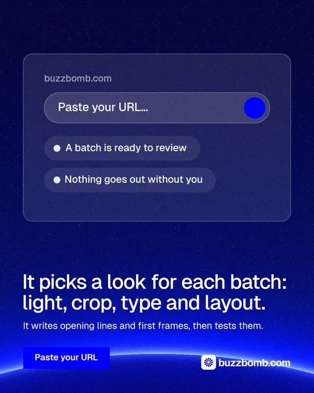 Instagram portrait post for BuzzBomb: "It picks a look for each batch: light, crop, type and layout." Swiss style, bottom layout, dark palette in blue.